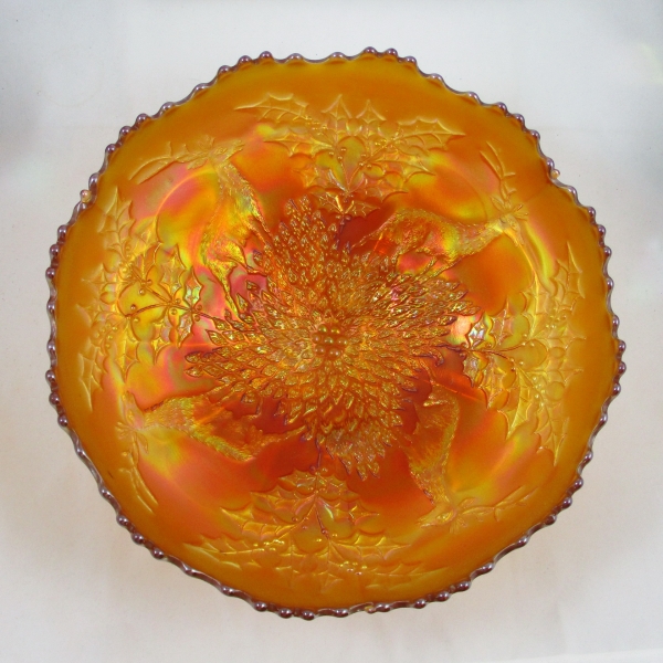 Antique Fenton Dark Marigold Stag & Holly Carnival Glass Large Round Footed Bowl