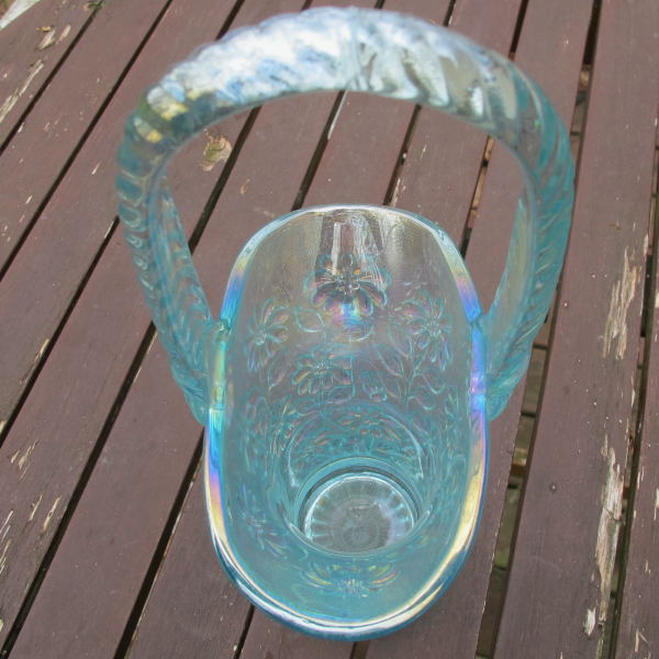 Imperial Ice Azure Blue Daisy Carnival Glass Handled Basket