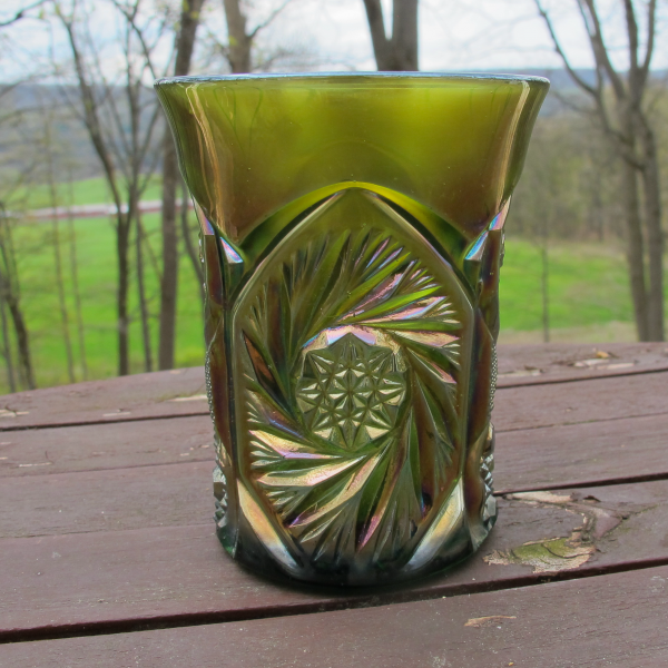 Antique Cambridge Double Star Green Carnival Glass Tumbler - Flared