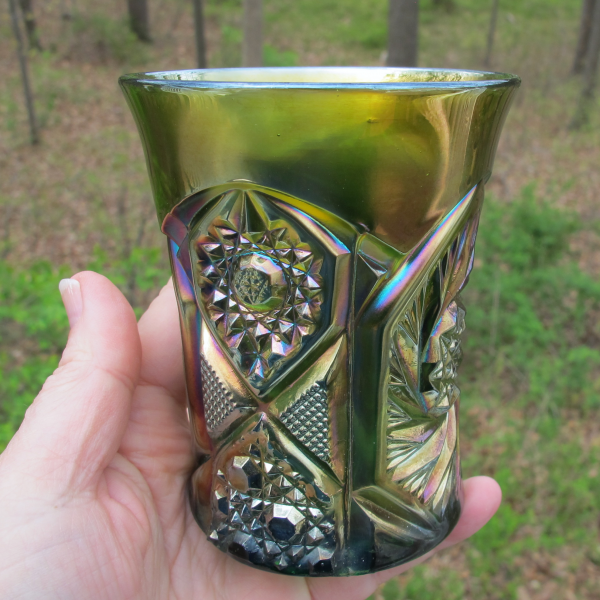 Antique Cambridge Double Star Green Carnival Glass Tumbler - Flared