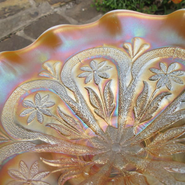 Antique Dugan Flowers & Frames Peach Opal Carnival Glass Bowl