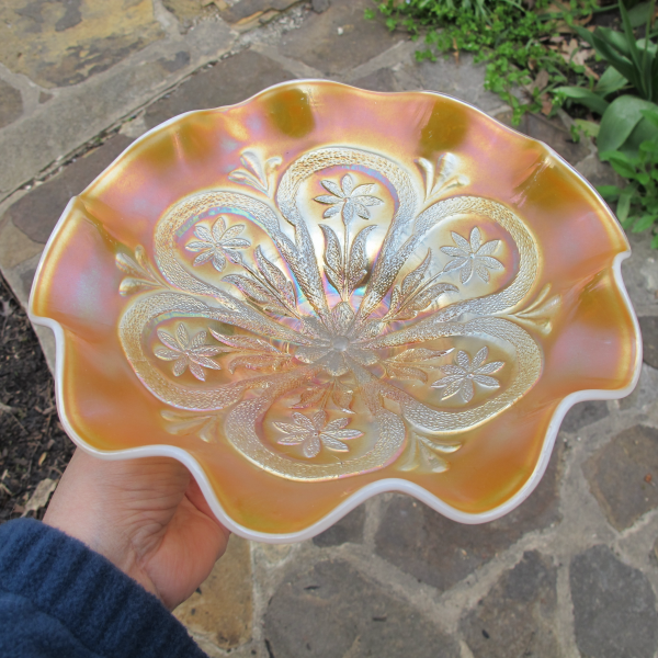 Antique Dugan Flowers & Frames Peach Opal Carnival Glass Bowl
