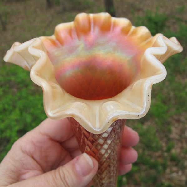 Antique Dugan Fishnet Peach Opal Carnival Glass Epergne Opalescent