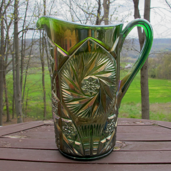 Antique Cambridge Double Star Green Carnival Glass Water Pitcher Tankard