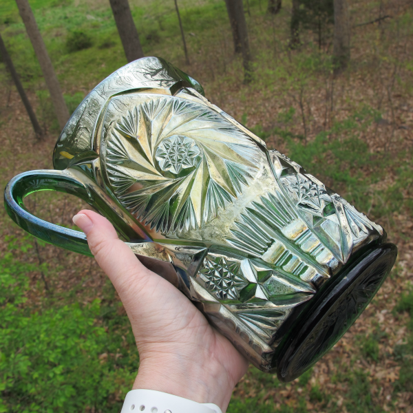 Antique Cambridge Double Star Green Carnival Glass Water Pitcher Tankard