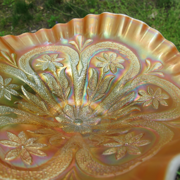 Antique Dugan Flowers & Frames Peach Opal Carnival Glass Tri-corner Bowl