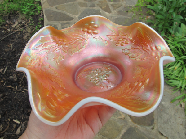 Antique Dugan Holly & Berry Peach Opal Carnival Glass Bowl