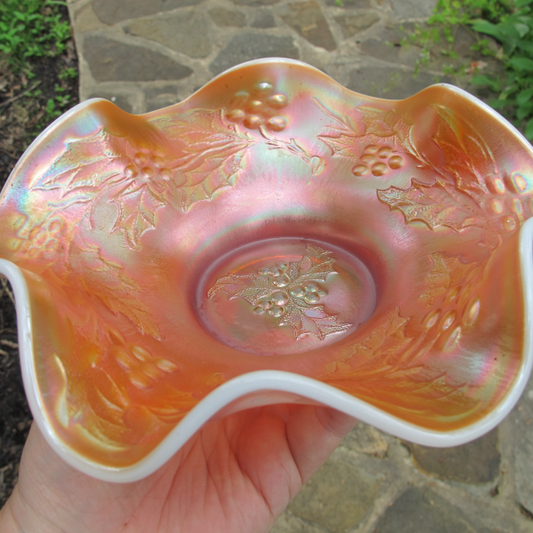 Antique Dugan Holly & Berry Peach Opal Carnival Glass Bowl
