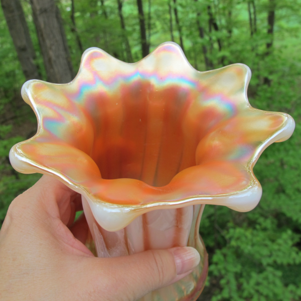 Antique Dugan Wide Rib Peach Opal Carnival Glass Vase Spittoon Shape