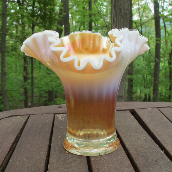 Antique Dugan Peach Opal Thin Panel Carnival Glass Crimped Tri-Corner Vase