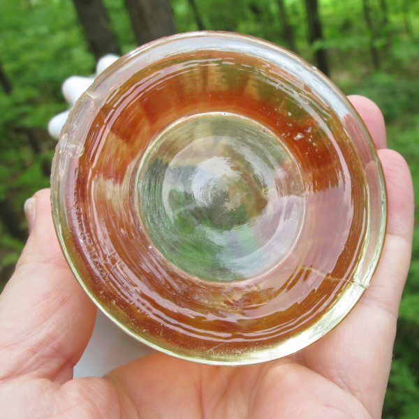 Antique Dugan Peach Opal Thin Panel Carnival Glass Crimped Tri-Corner Vase