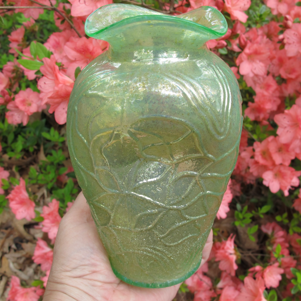 Antique Dugan Aqua Stippled Estate Frit Carnival Glass Vase