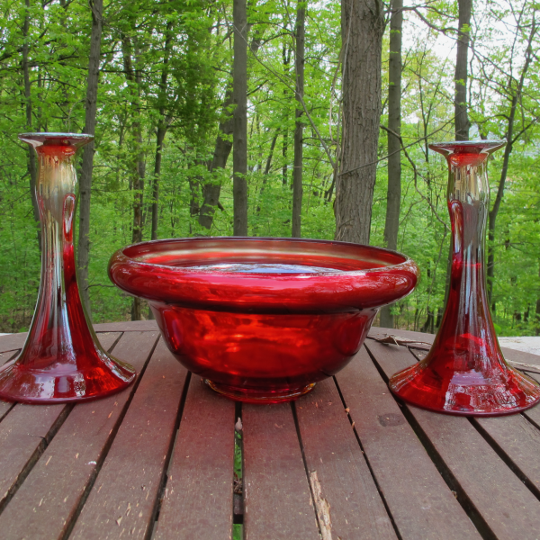Antique Dugan Mae West RED Carnival Glass Stretch Console Set - Bowl Candleholders