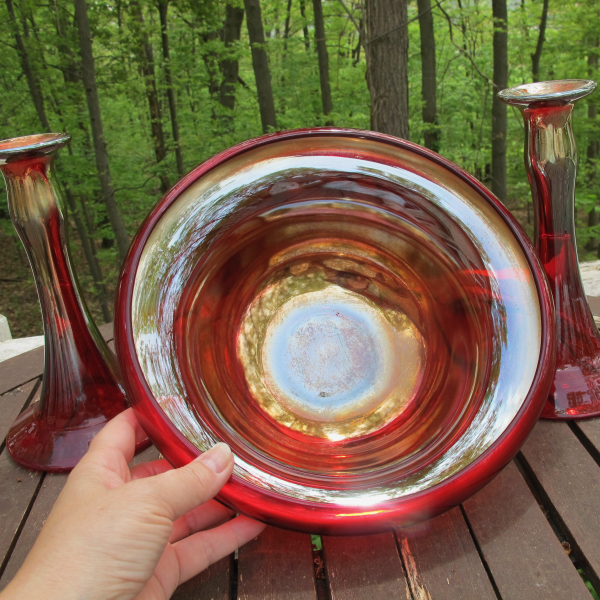 Antique Dugan Mae West RED Carnival Glass Stretch Console Set - Bowl Candleholders