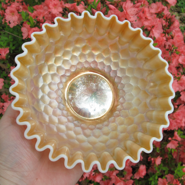 Antique Dugan Peach Opal Honeycomb & Beads Carnival Glass Crimped CRE Bowl