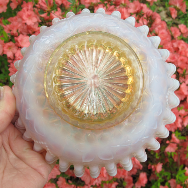 Antique Dugan Peach Opal Honeycomb & Beads Carnival Glass Crimped CRE Bowl