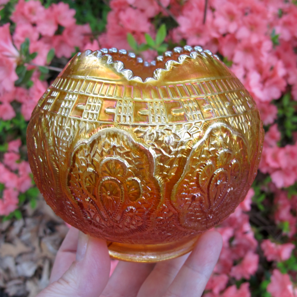 Antique Fenton Persian Medallion Marigold Carnival Glass Hair Receiver - ODD TOP!