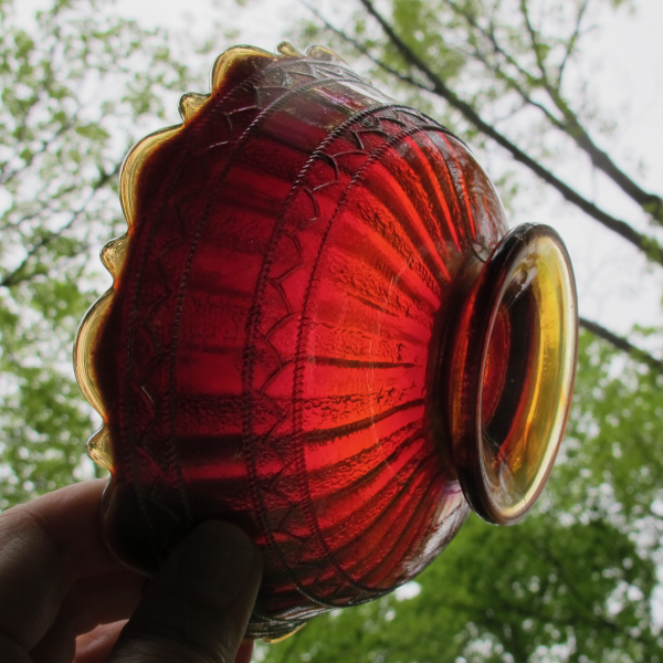 Antique Fenton Stippled Rays Scale Band Red Reverse Amberina Carnival Glass Bowl
