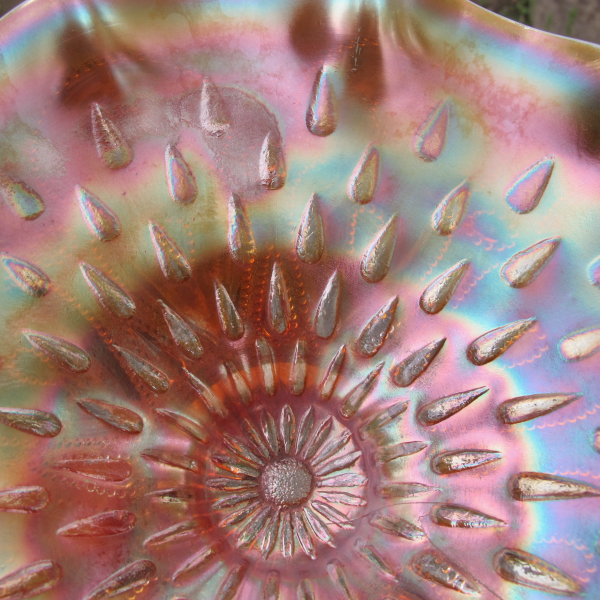 Antique Dugan Peach Opal Raindrops Carnival Glass Ruffled Bowl