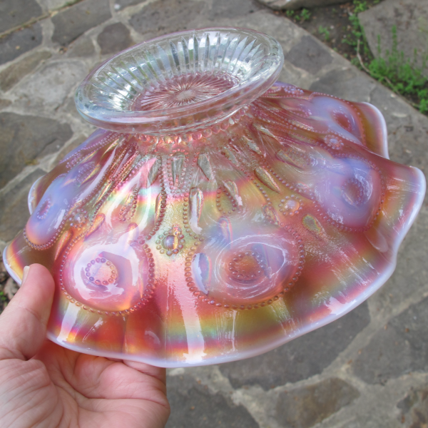 Antique Dugan Peach Opal Raindrops Carnival Glass Ruffled Bowl