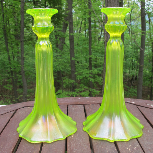 Antique US Glass Tiffin Topaz Vaseline #310 Stretch Carnival Glass Candleholders