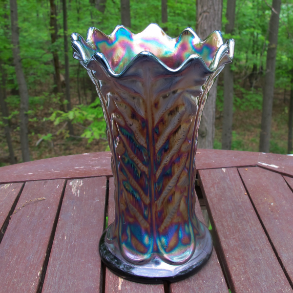 Antique Northwood  Leaf Columns Amethyst Carnival Glass Squat Vase