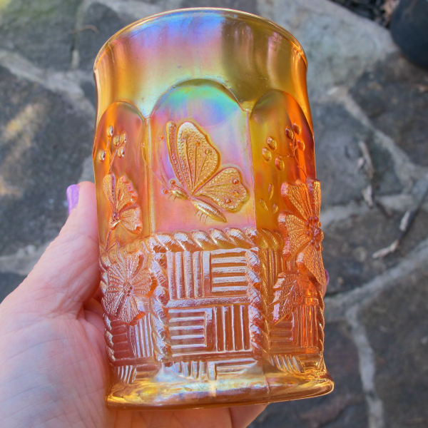 Antique Northwood Pumpkin Marigold Springtime Carnival Glass Tumbler