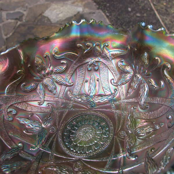 Antique Northwood Wishbone  Green Carnival Glass Bowl