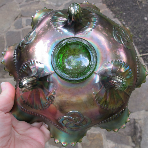 Antique Northwood Wishbone  Green Carnival Glass Bowl