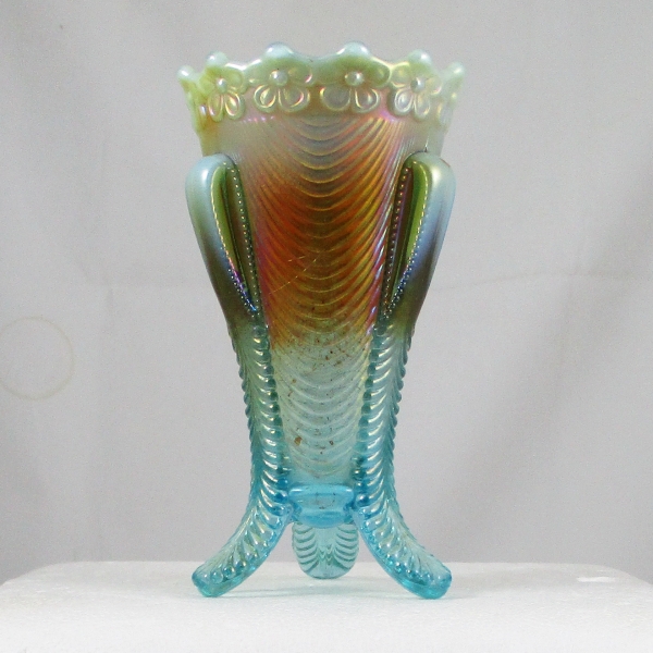 Antique Northwood Aqua Opal Daisy & Drape Carnival Glass Vase