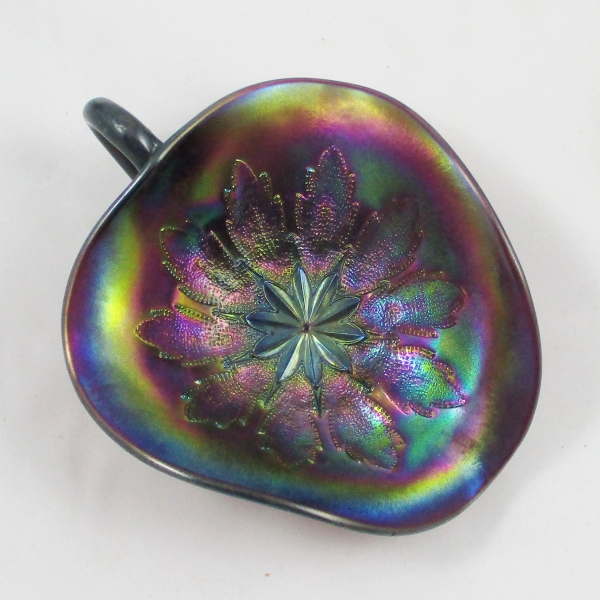 Antique Dugan Purple Leaf Rays Carnival Glass Spade Nappy Bowl