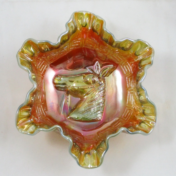 Levay Aqua Opal Pony Carnival Glass 6-ruffle CRE Bowl