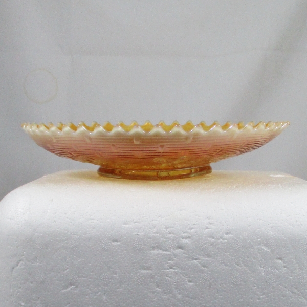 Antique Dugan Peach Opal Apple Blossom Twigs Carnival Glass Round Low Bowl