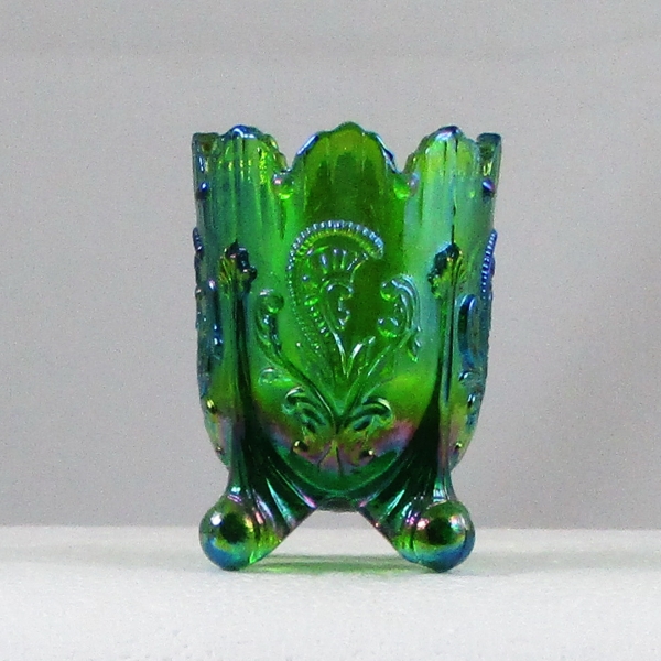 St. Clair Green Inverted Fan & Feather Carnival Glass Toothpick Holder