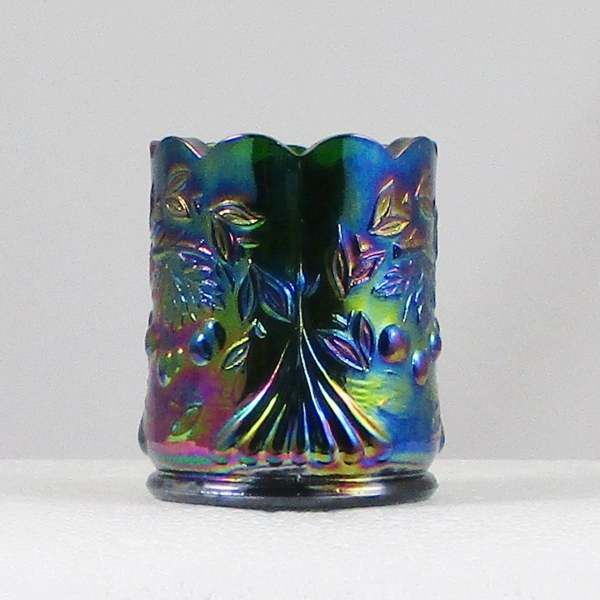 St Clair Green Wreathed Cherry Carnival Glass Toothpick Holder