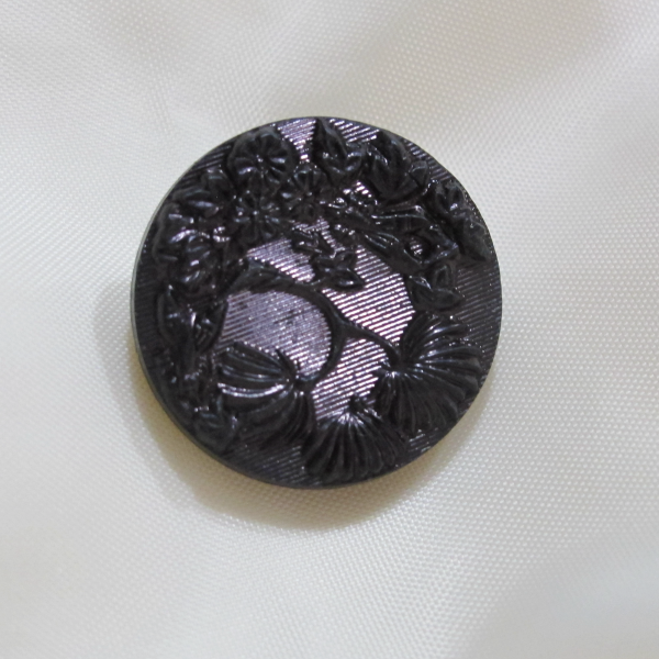 Antique Black Amethyst Carnival Glass Button Iridescent Luster – RARE Puff Tree w Flowers