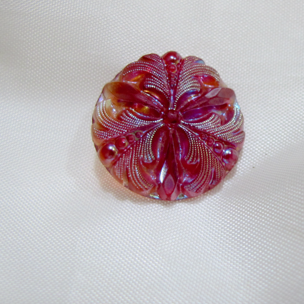 Antique RED Carnival Glass Iridescent Button - Triad & Plumes RARE