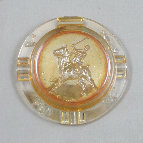 Antique Unknown Marigold Polo Player with Golf Motif Carnival Glass Ashtray