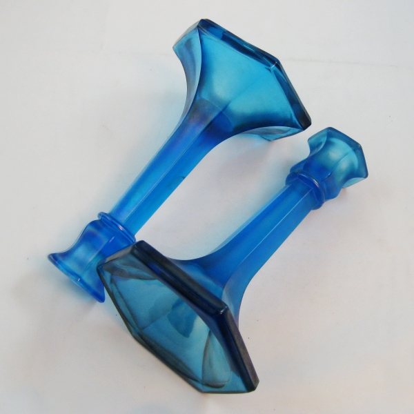 Antique Northwood Sapphire Blue #658 Stretch Glass Candle Sticks