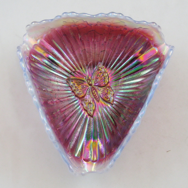 Fenton Plum Opal Butterfly Leaf Tiers Carnival Glass Tri-Corner Whimsey Bowl