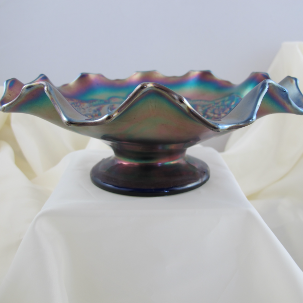 Antique Dugan Blue Double Stem Rose Carnival Glass 10 Ruffle Bowl
