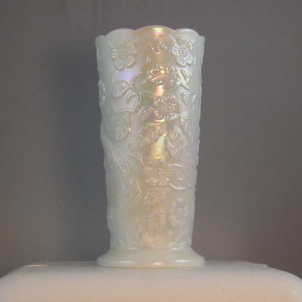 Fenton Pearlized White #8257 Peacock Garden Carnival Glass Vase