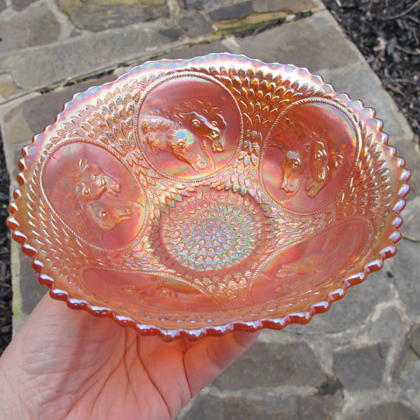 Antique Fenton Pumpkin Marigold Horse Medallion Carnival Glass ICS Bowl