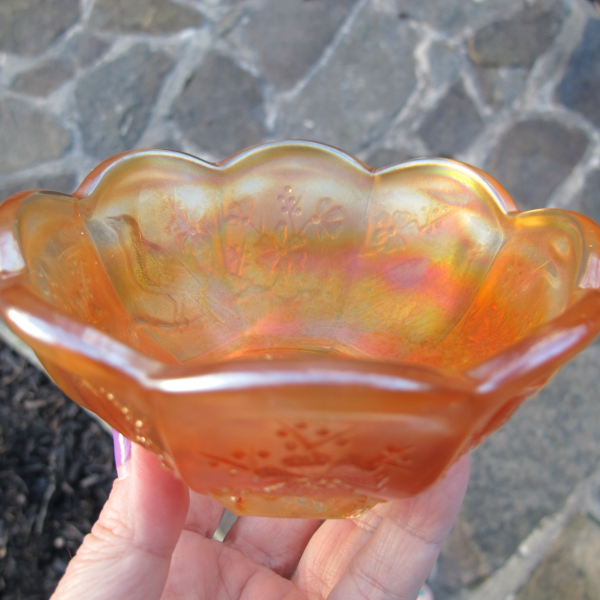 Antique Northwood Singing Birds Pastel Marigold Carnival Glass Small Berry Bowl
