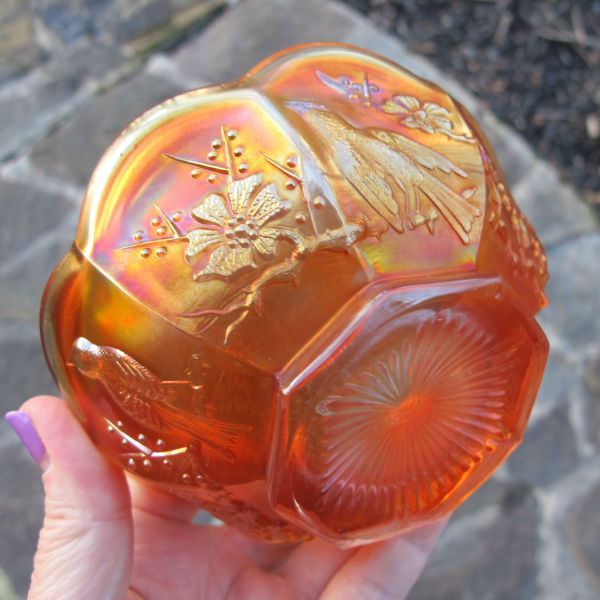 Antique Northwood Singing Birds Pumpkin Marigold Carnival Glass Small Berry Bowl