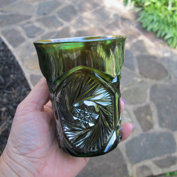 Antique Cambridge Double Star Green Carnival Glass Tumbler - Straight UP Chonky