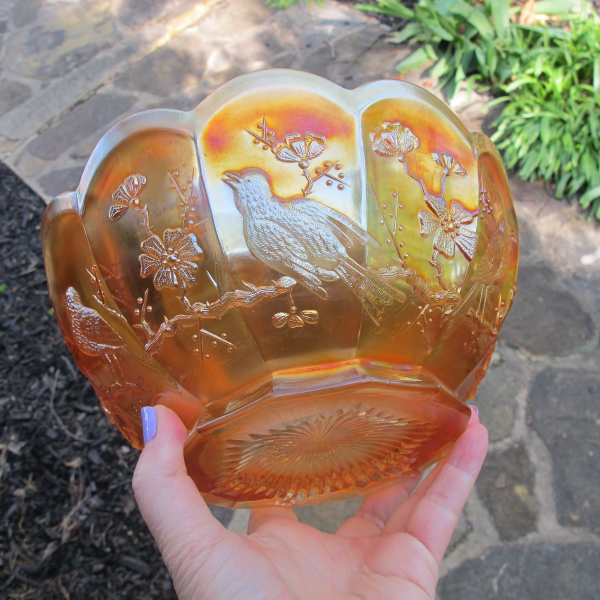 Antique Northwood Singing Birds Pumpkin Marigold Carnival Glass MASTER Berry Bowl