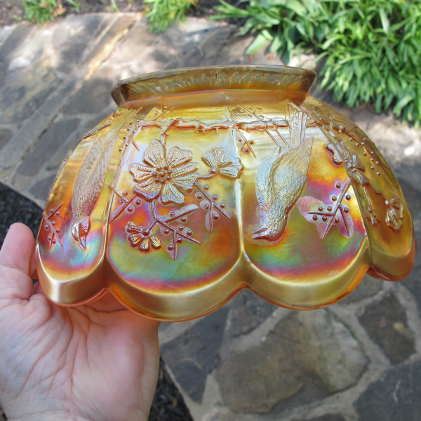 Antique Northwood Singing Birds Pumpkin Marigold Carnival Glass MASTER Berry Bowl