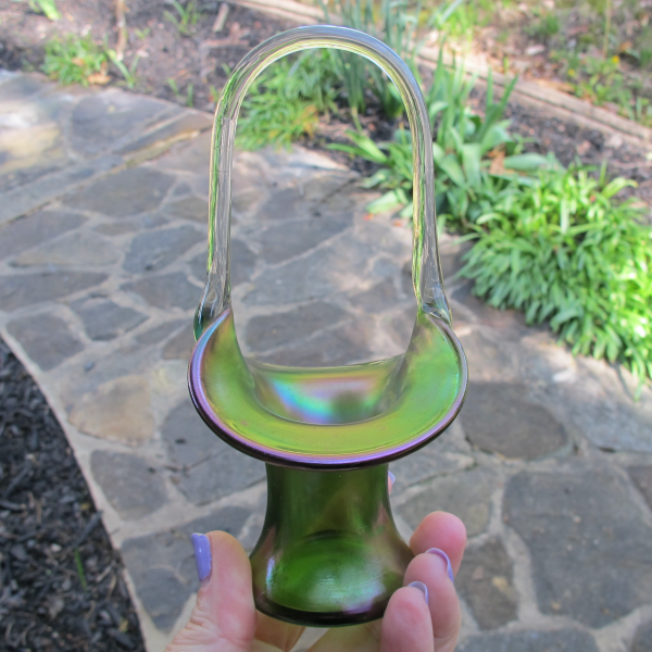 Antique Loetz Iridescent Green Art Glass Mini Basket