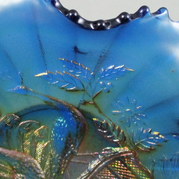 Antique Northwood Renniger Blue Stippled Peacocks Carnival Glass Ruffled Bowl